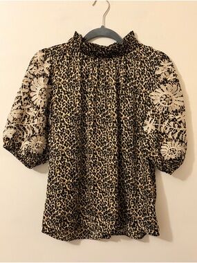 THML Leopard Print Puff Sleeve Blouse with Cream Embroidery